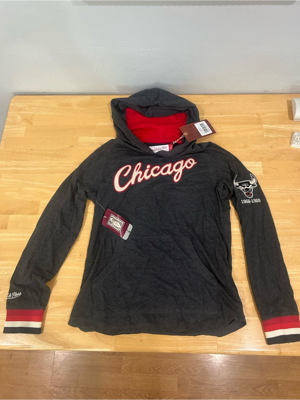 Mitchell & Ness Chicago Hooded Long-Sleeve Tee - Black with Red Accents